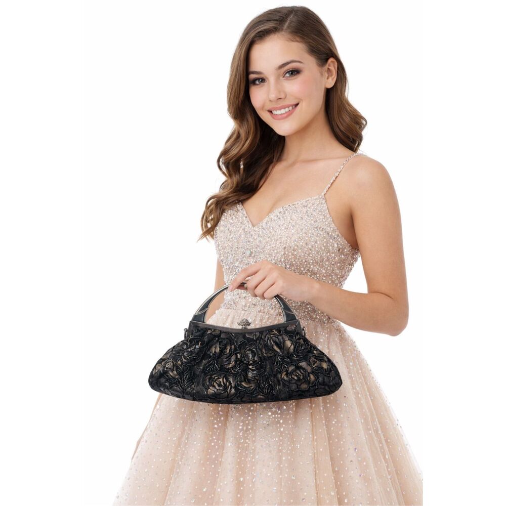 Vintage Black Floral Evening Purse Prom Formal Clutch Metal Handle